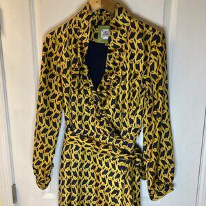 Elizabeth McKay navy and gold wrap dress, 2 matching belts, size 10